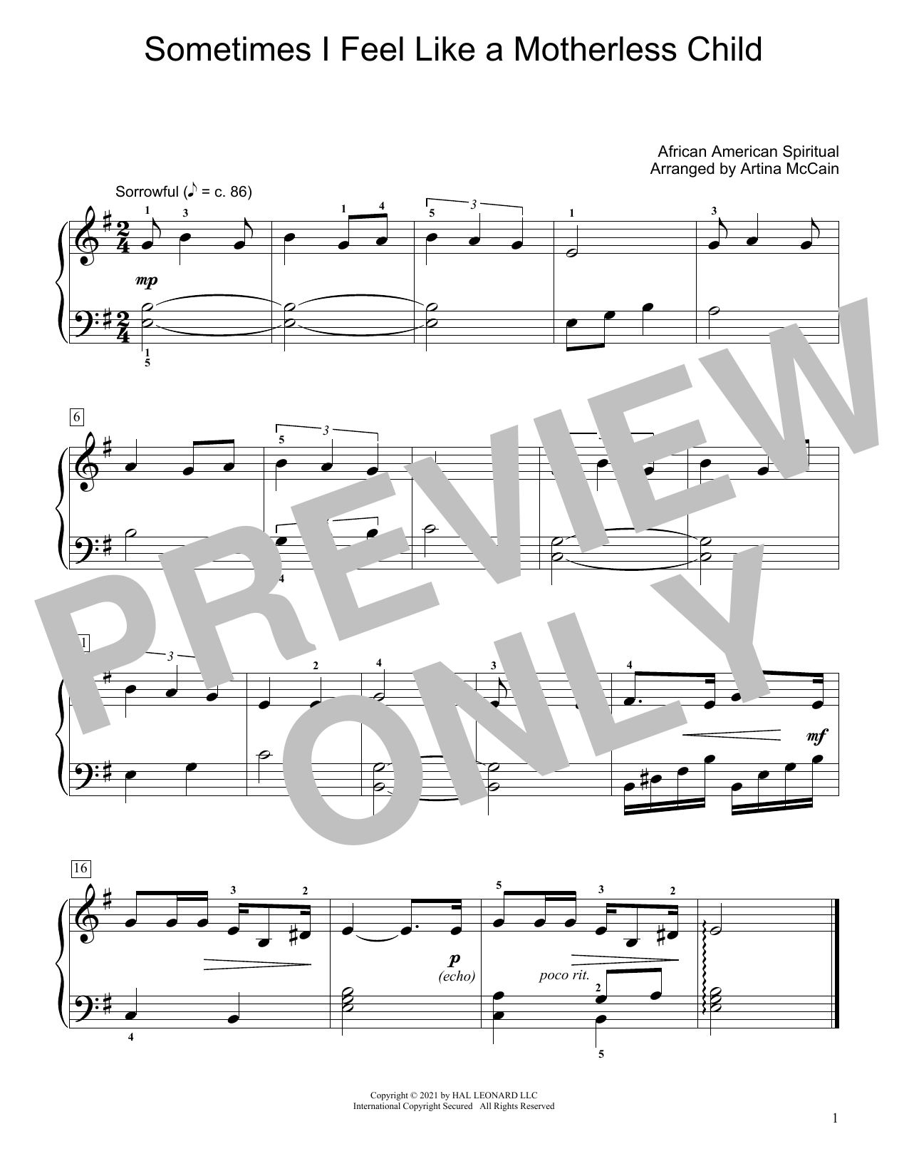 Traditional Sometimes I Feel Like A Motherless Child (arr. Artina McCain) Sheet Music