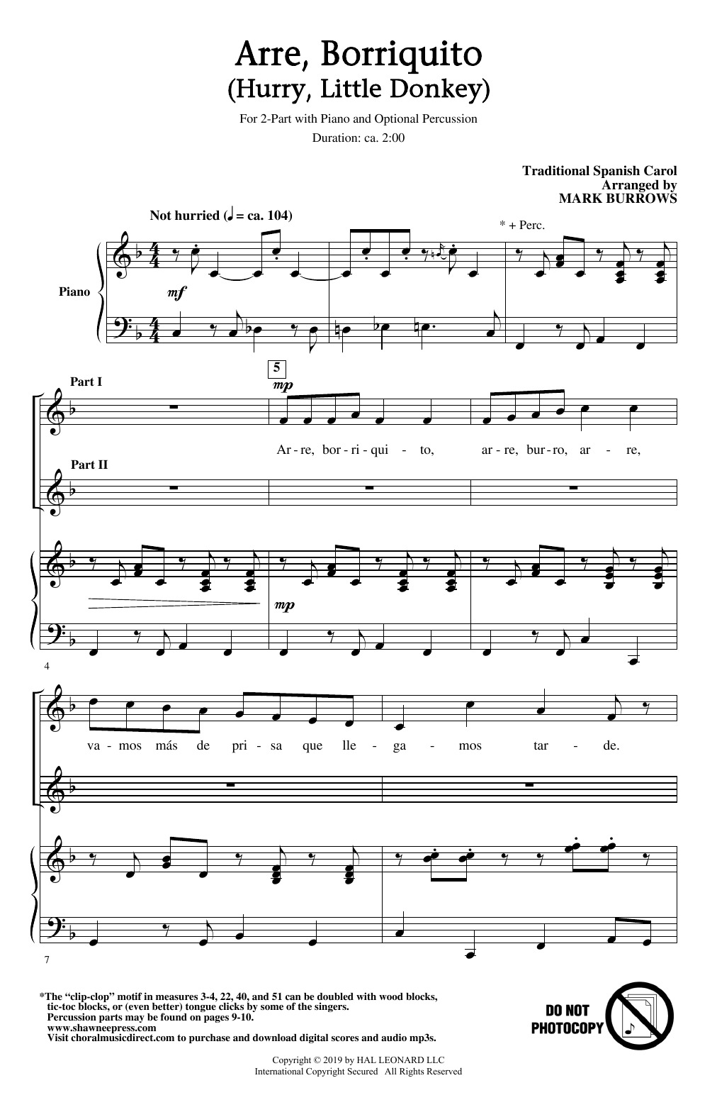 Traditional Spanish Carol Arre Borriquito (Hurry, Little Donkey) (arr. Mark Burrows) Sheet Music