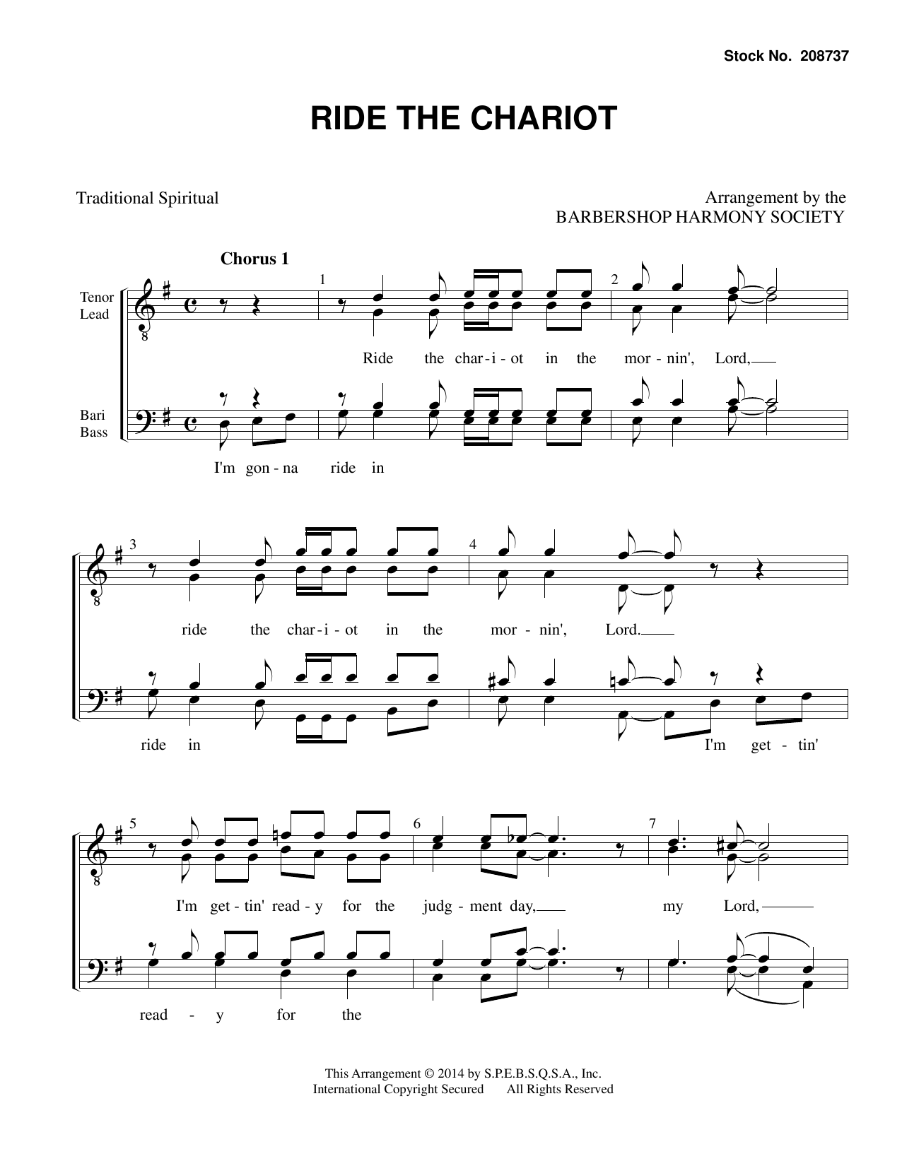 Traditional Spiritual Ride the Chariot (arr. Barbershop Harmony Society) Sheet Music