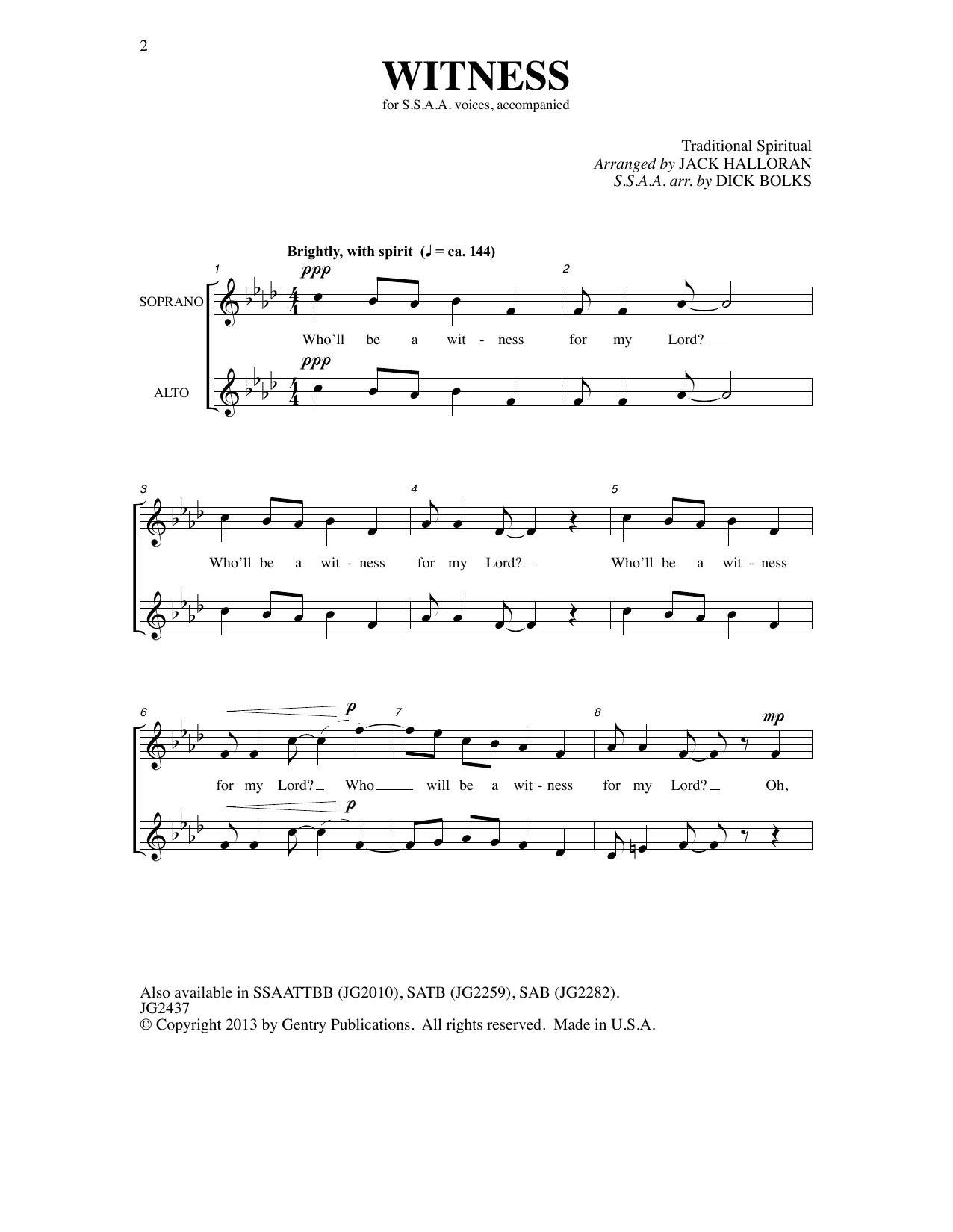 Traditional Spiritual Witness (arr. Dick Bolks) Sheet Music