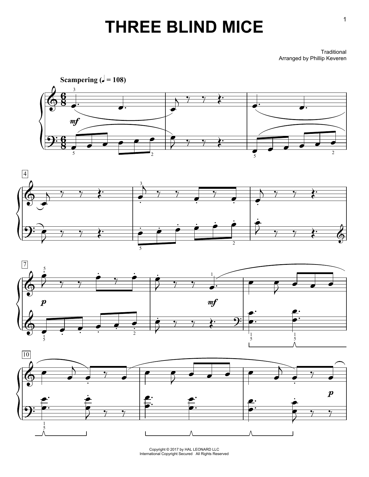 Traditional Three Blind Mice [Classical version] (arr. Phillip Keveren) Sheet Music