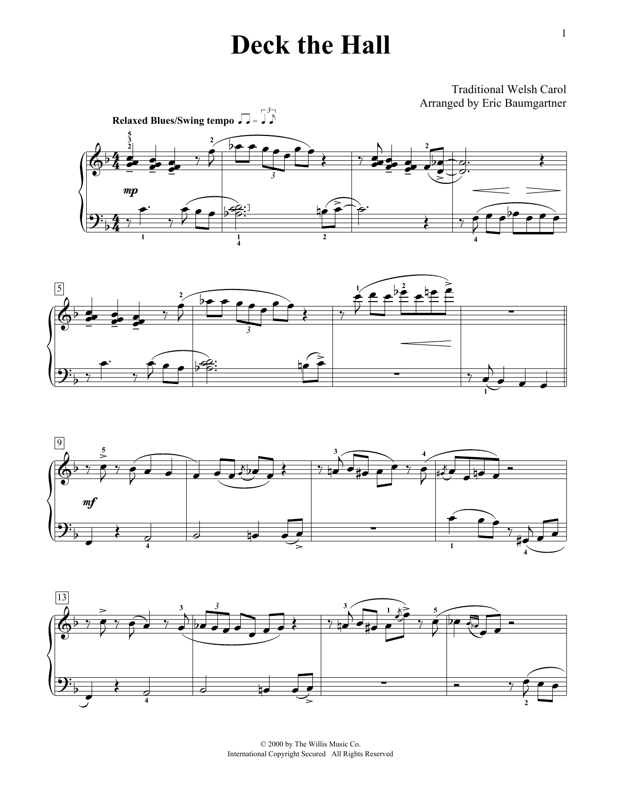 Traditional Welsh Carol Deck The Hall [Jazz version] (arr. Eric Baumgartner) Sheet Music
