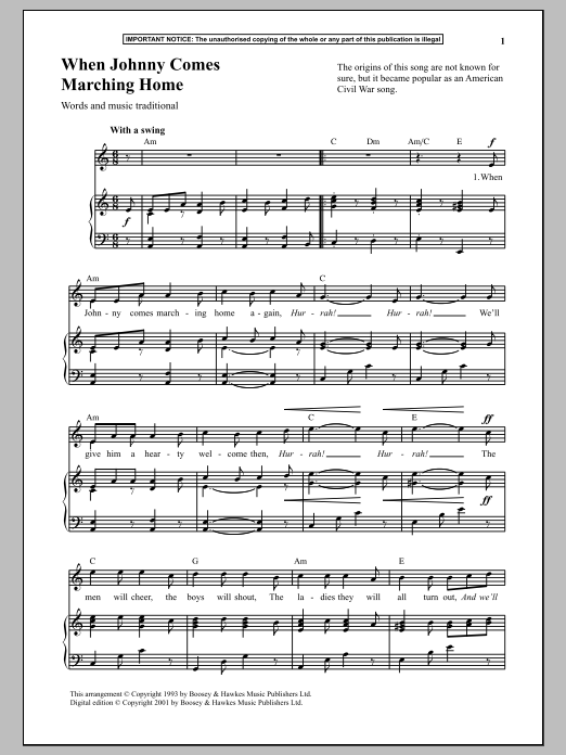 Traditional When Johnny Comes Marching Home Sheet Music