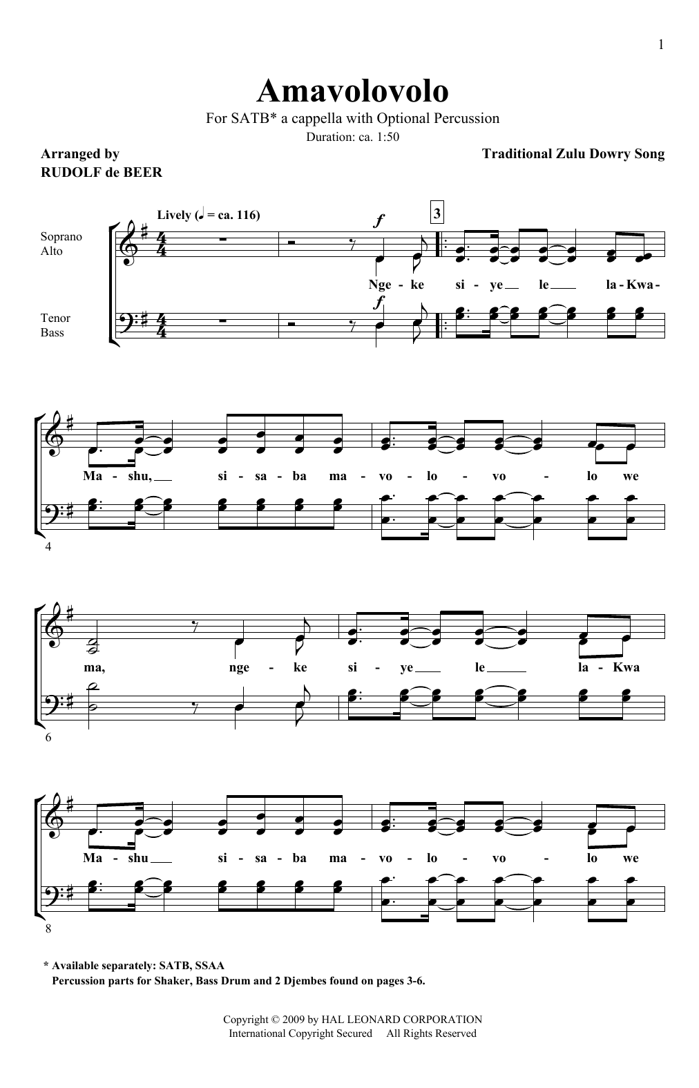 Traditional Zulu Dowry Song Amavolovolo (arr. Rudolf de Beer) Sheet Music