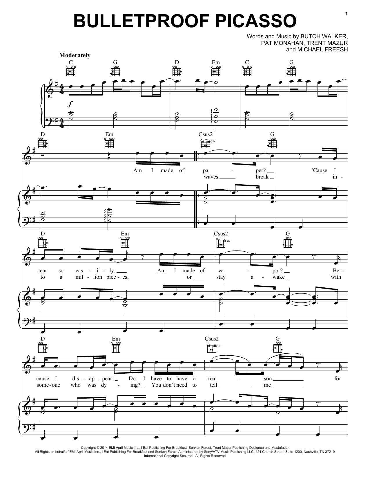 Train Bulletproof Picasso Sheet Music