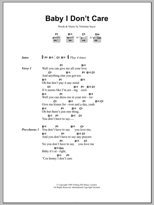 Transvision Vamp Baby I Don't Care Sheet Music