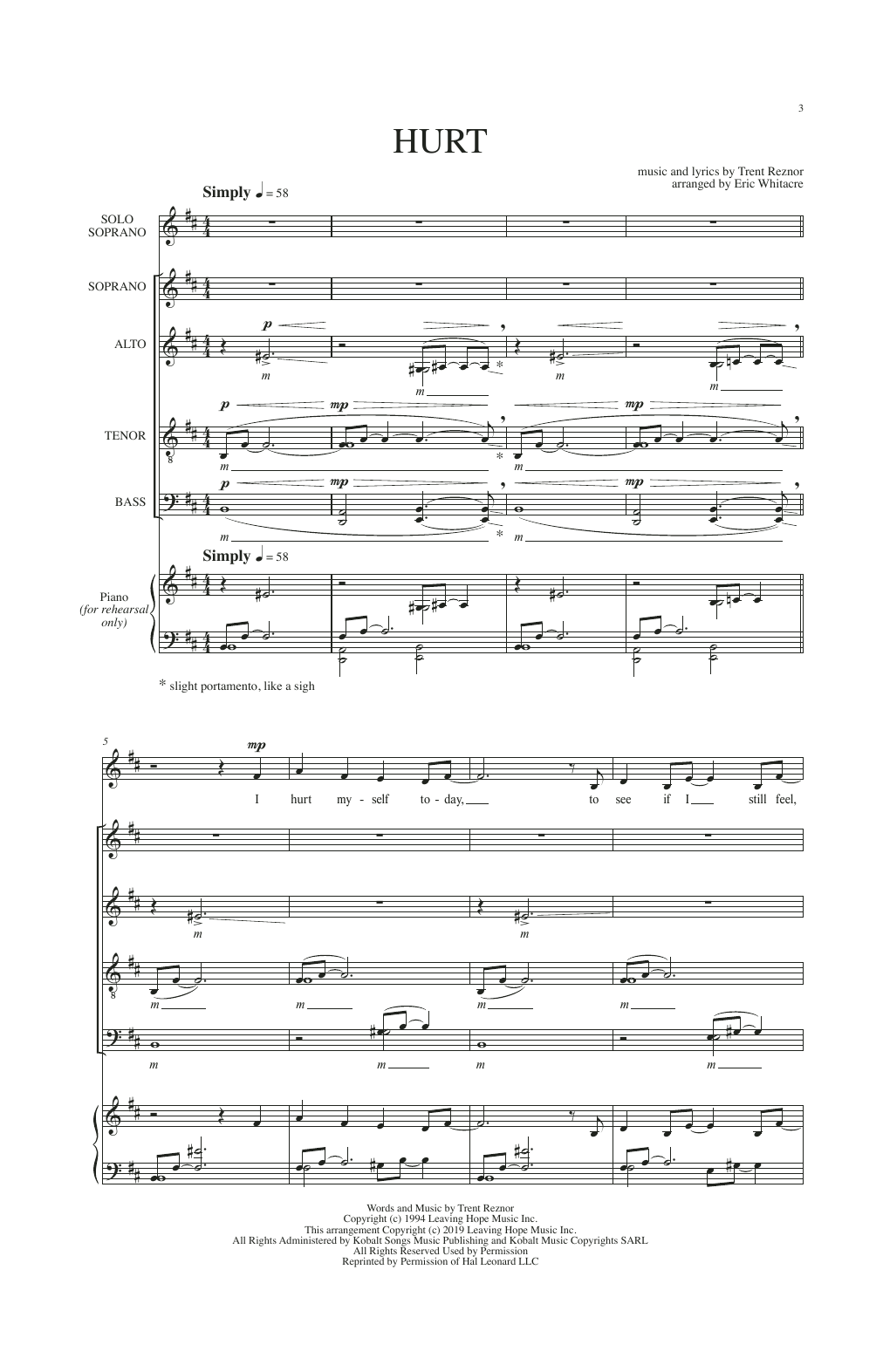 Trent Reznor Hurt (arr. Eric Whitacre) Sheet Music