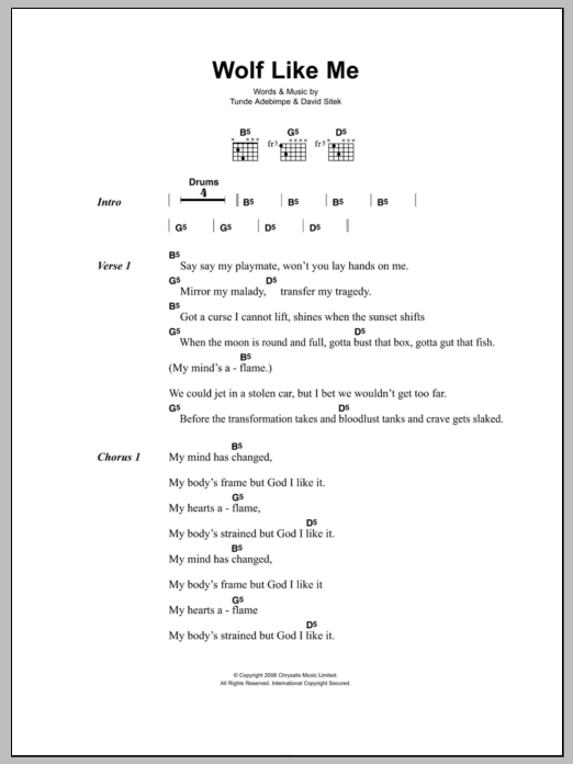 TV On The Radio Wolf Like Me Sheet Music