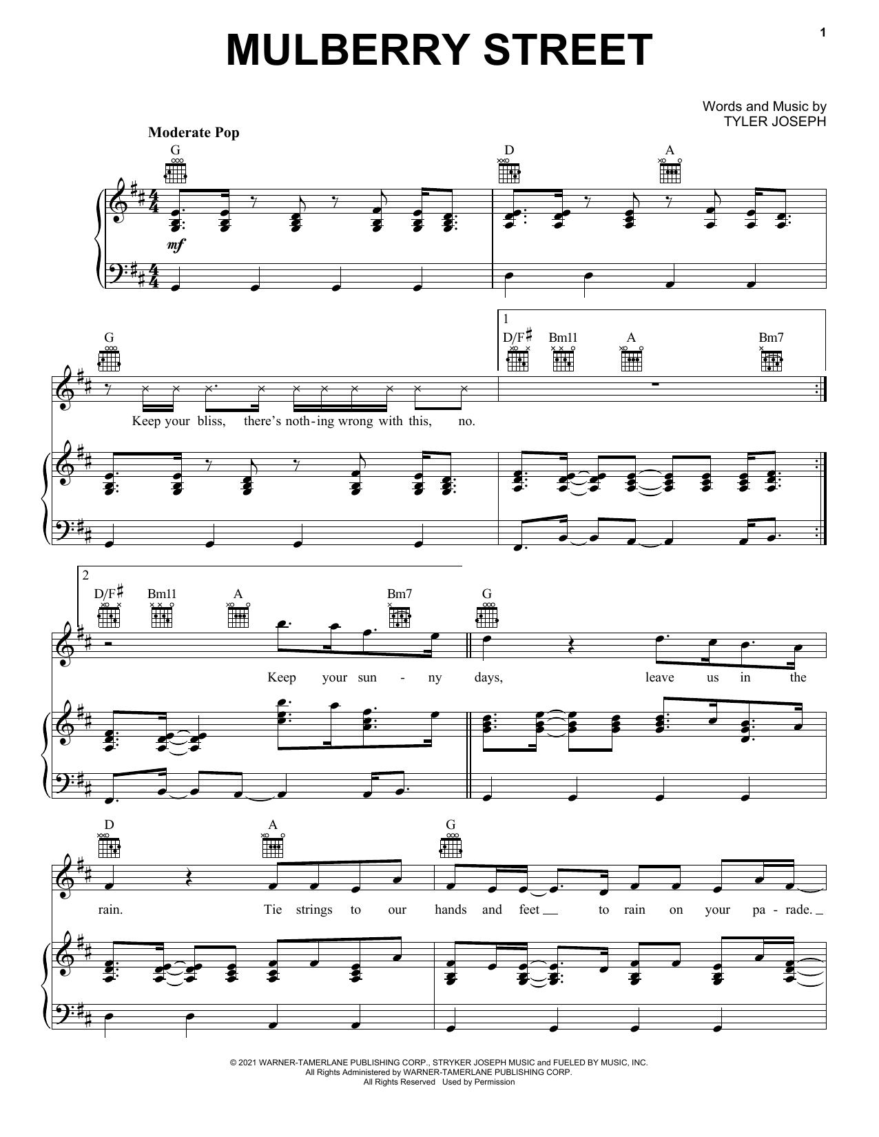 Twenty One Pilots Mulberry Street Sheet Music