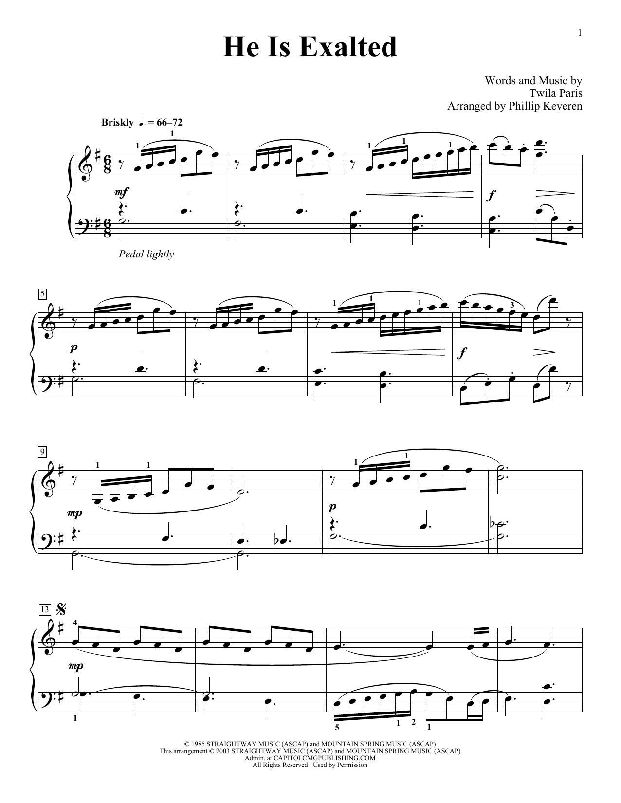 Twila Paris He Is Exalted (arr. Phillip Keveren) Sheet Music