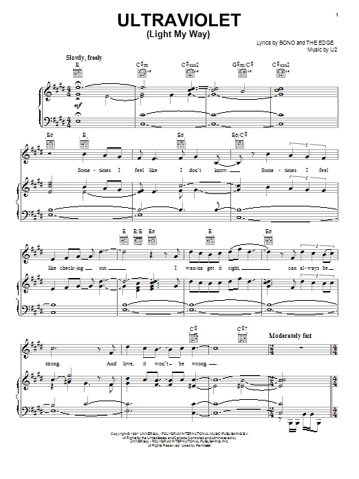 U2 Ultraviolet (Light My Way) Sheet Music