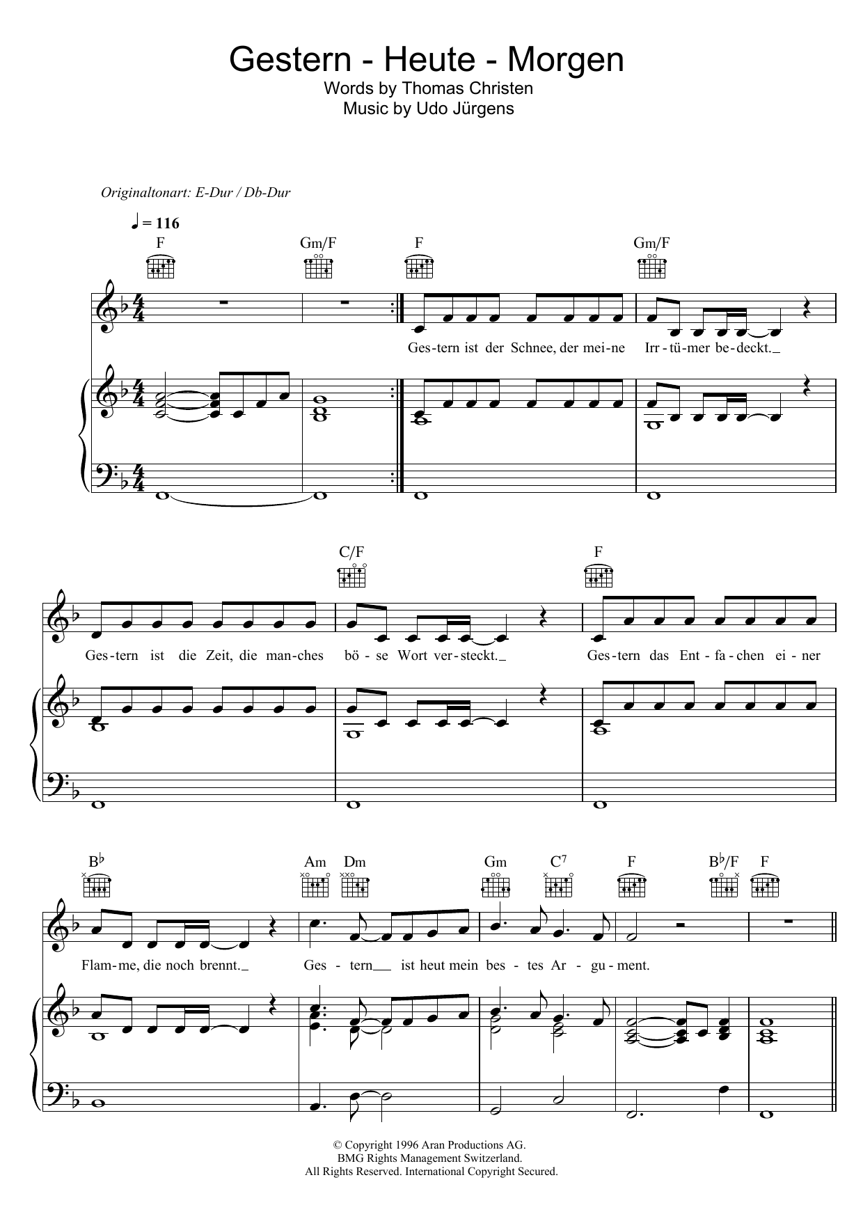 Udo Jurgens Gestern - Heute - Morgen Sheet Music