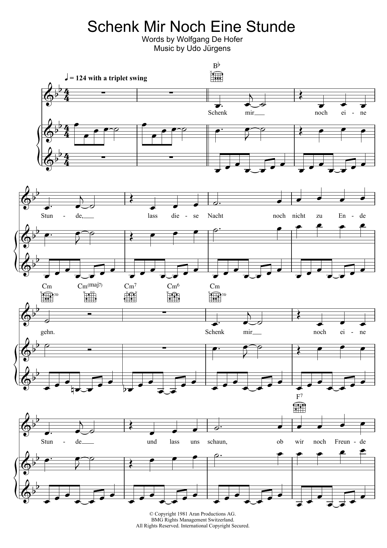Udo Jurgens Schenk Mir Noch Eine Stunde Sheet Music