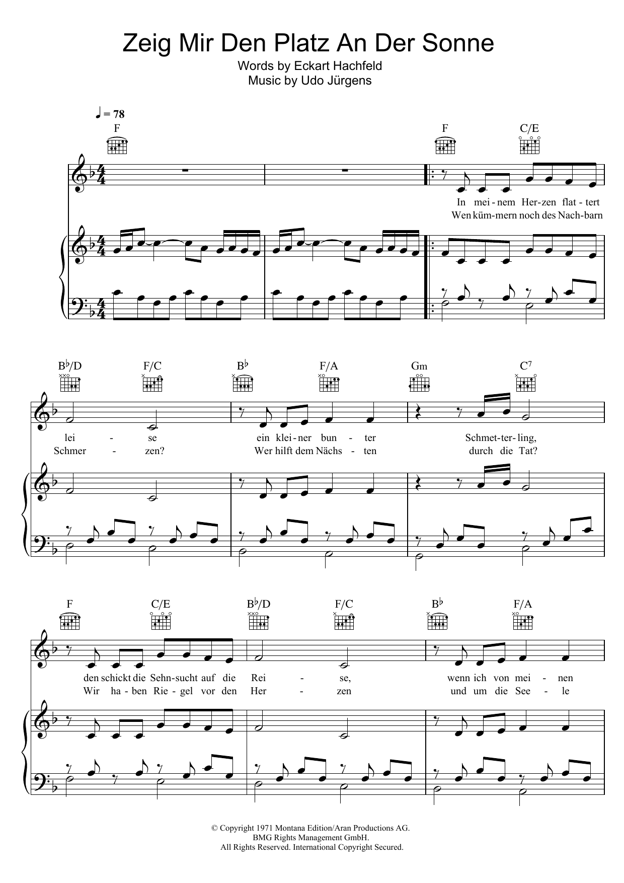 Udo Jurgens Zeig Mir Den Platz An Der Sonne Sheet Music