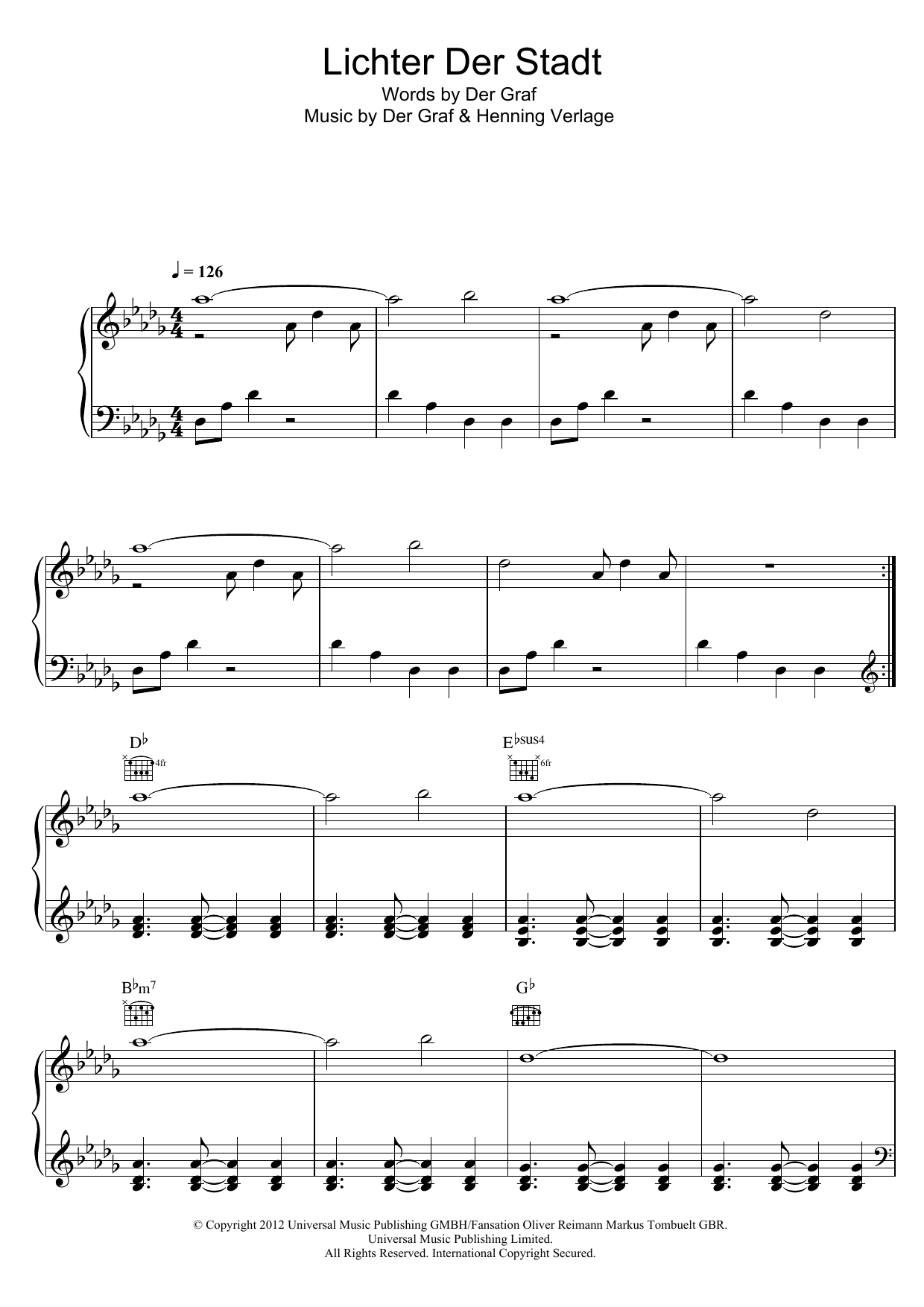 Unheilig Lichter Der Stadt Sheet Music