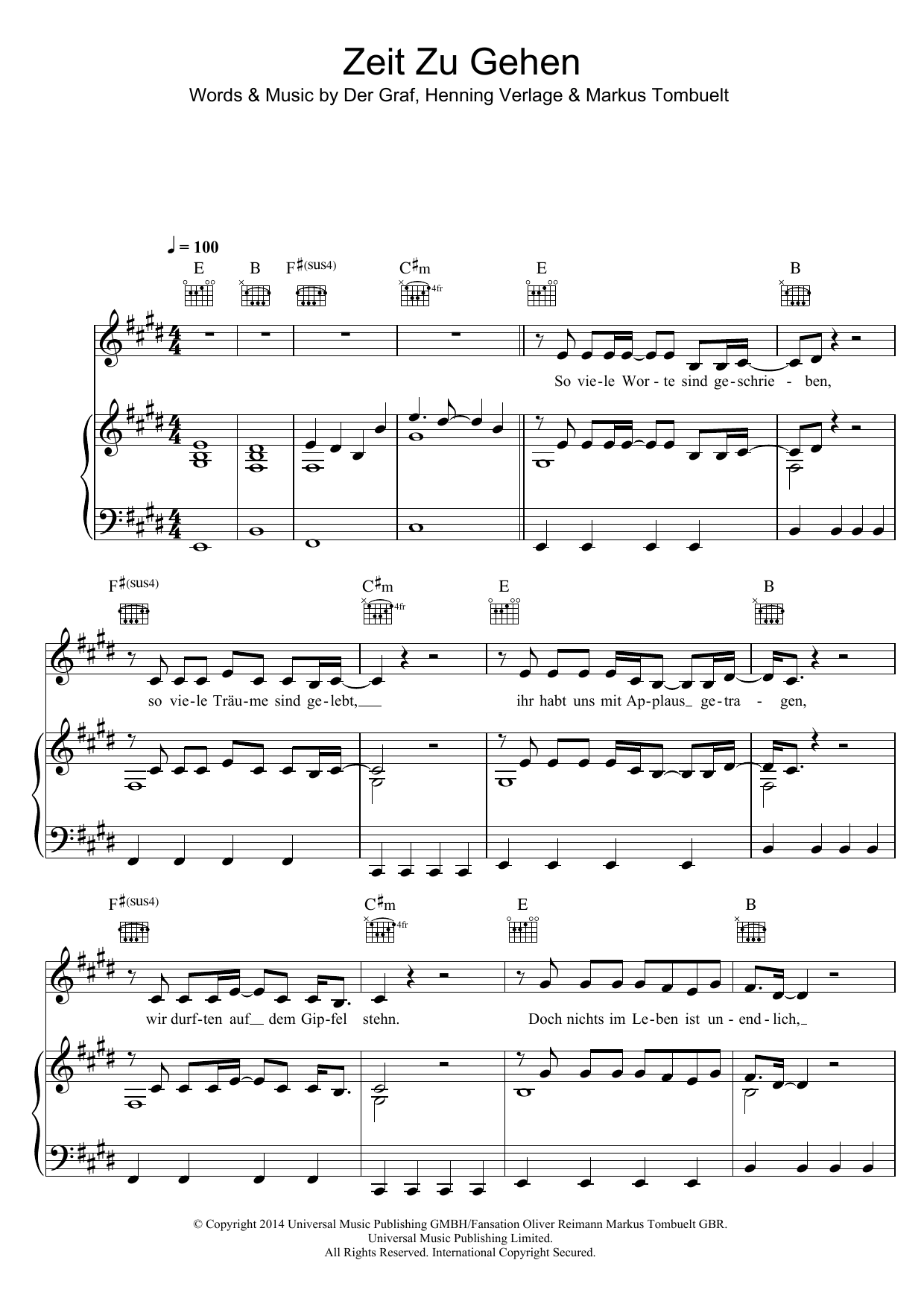 Unheilig Zeit Zu Gehen Sheet Music