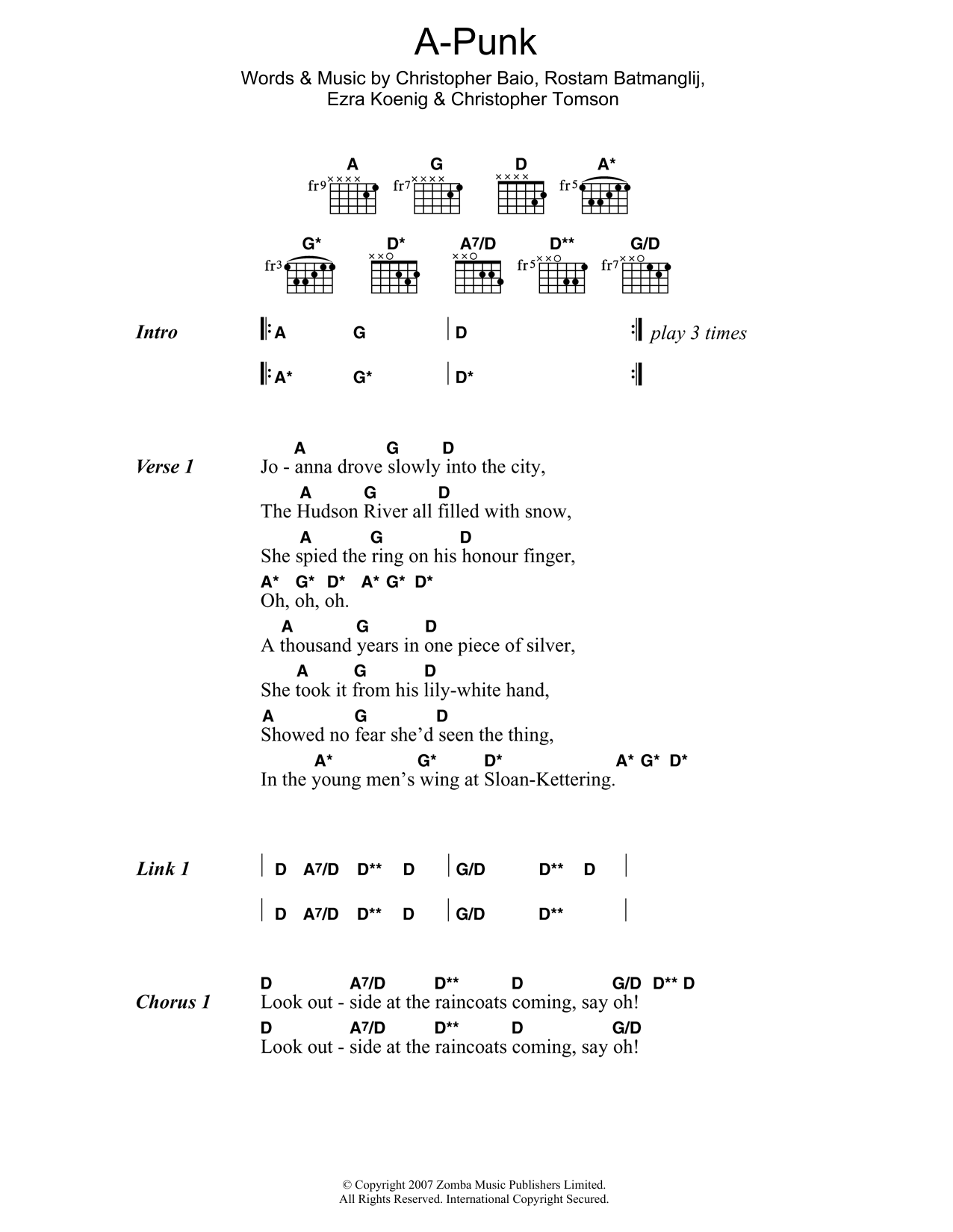Vampire Weekend A-Punk Sheet Music