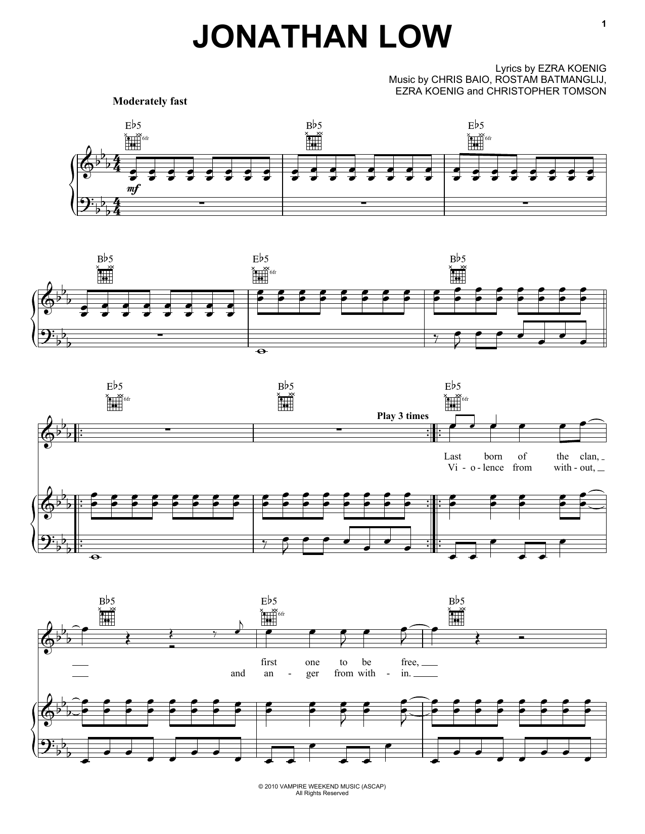 Vampire Weekend Jonathan Low (from The Twilight Saga: Eclipse) Sheet Music