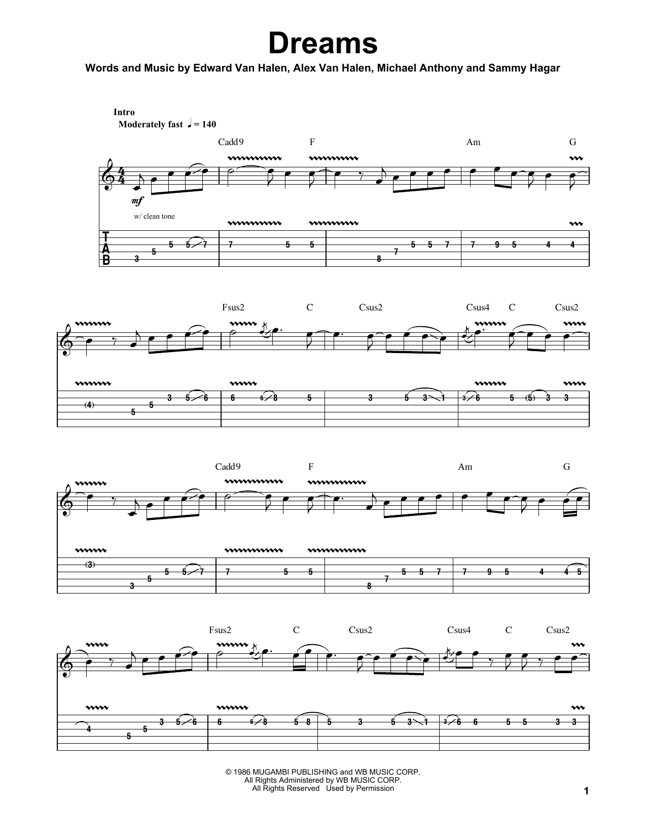 Van Halen Dreams Sheet Music