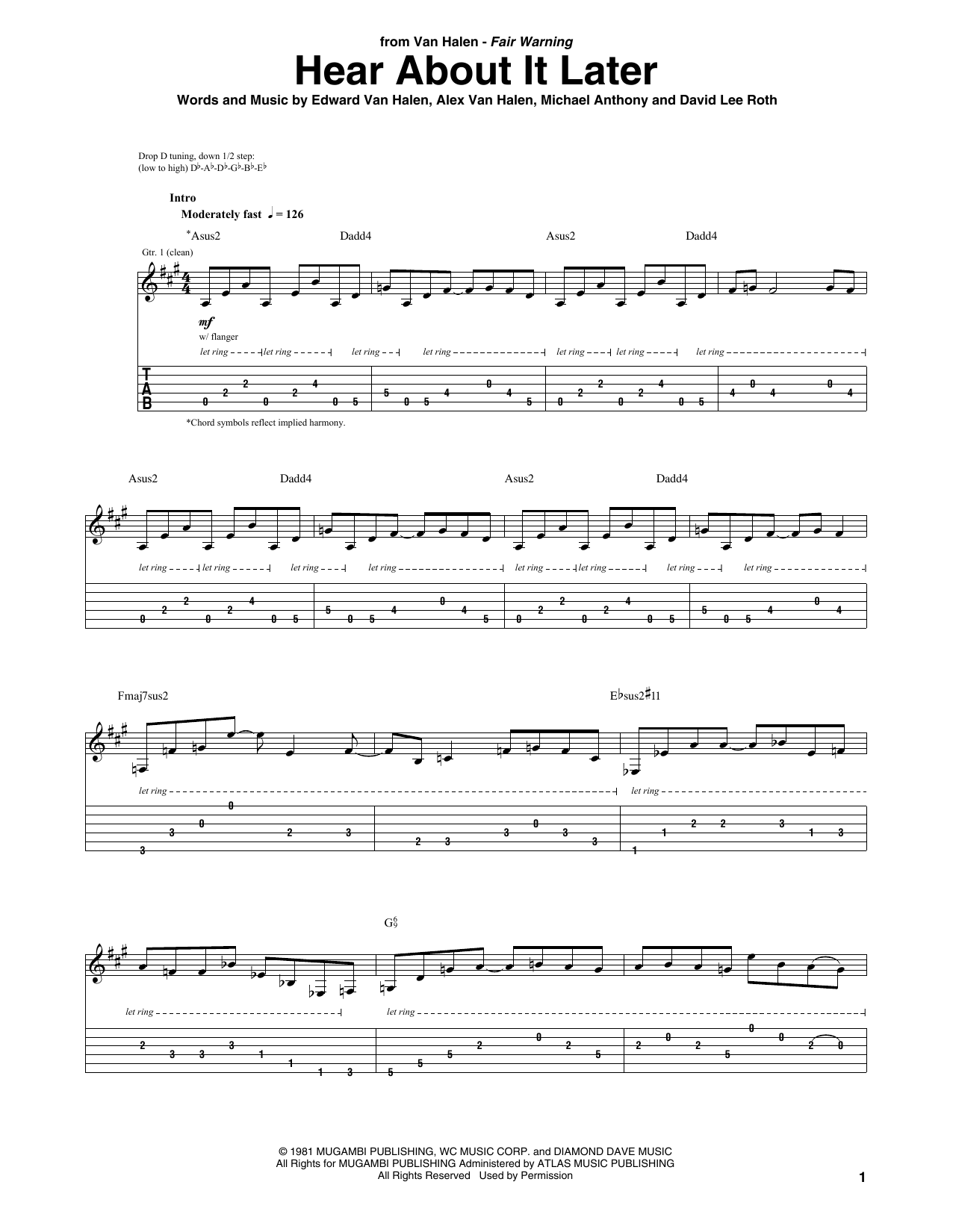 Van Halen Hear About It Later Sheet Music