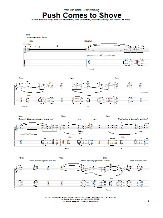 Van Halen Push Comes To Shove Sheet Music