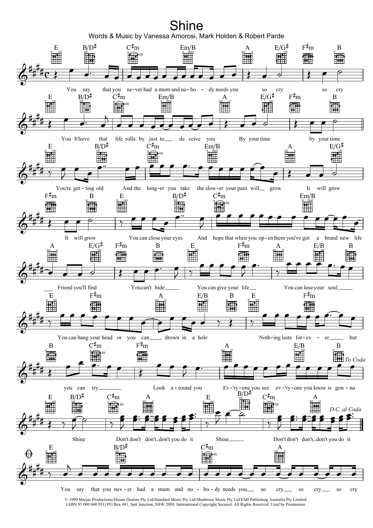 Vanessa Amorosi Shine Sheet Music