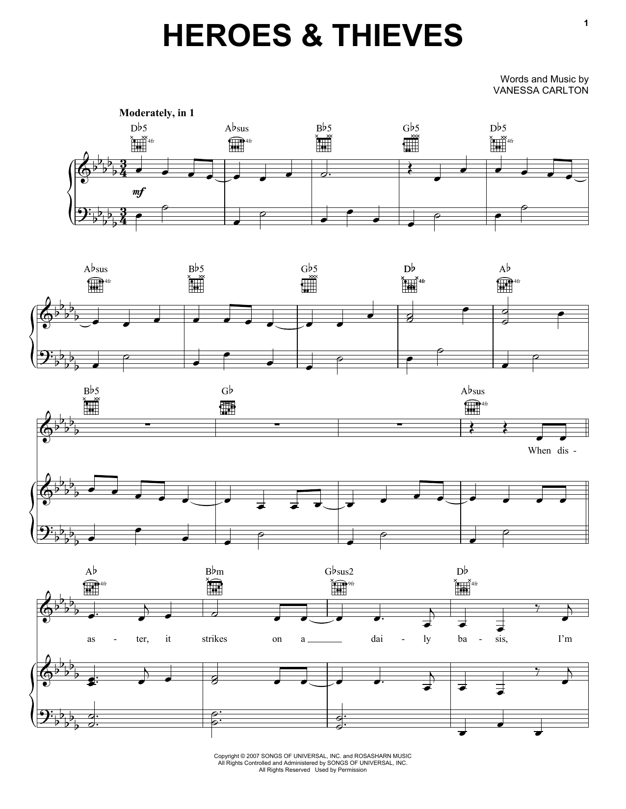 Vanessa Carlton Heroes & Thieves Sheet Music