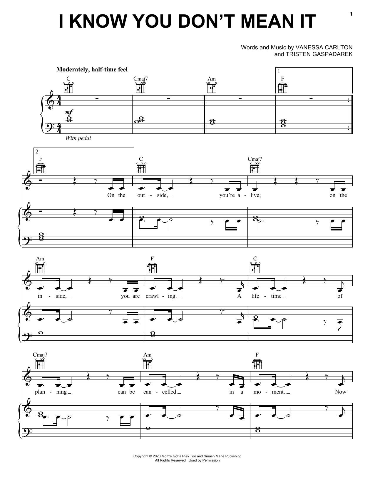 Vanessa Carlton I Know You Don't Mean It Sheet Music