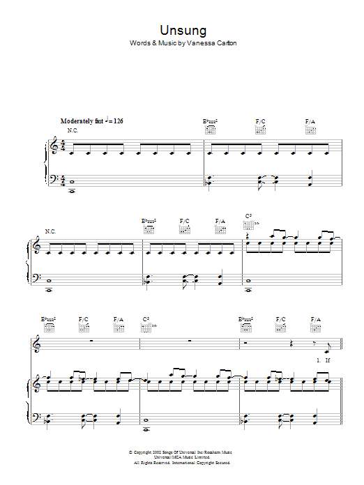 Vanessa Carlton Unsung Sheet Music