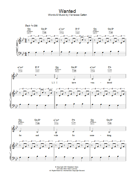Vanessa Carlton Wanted Sheet Music