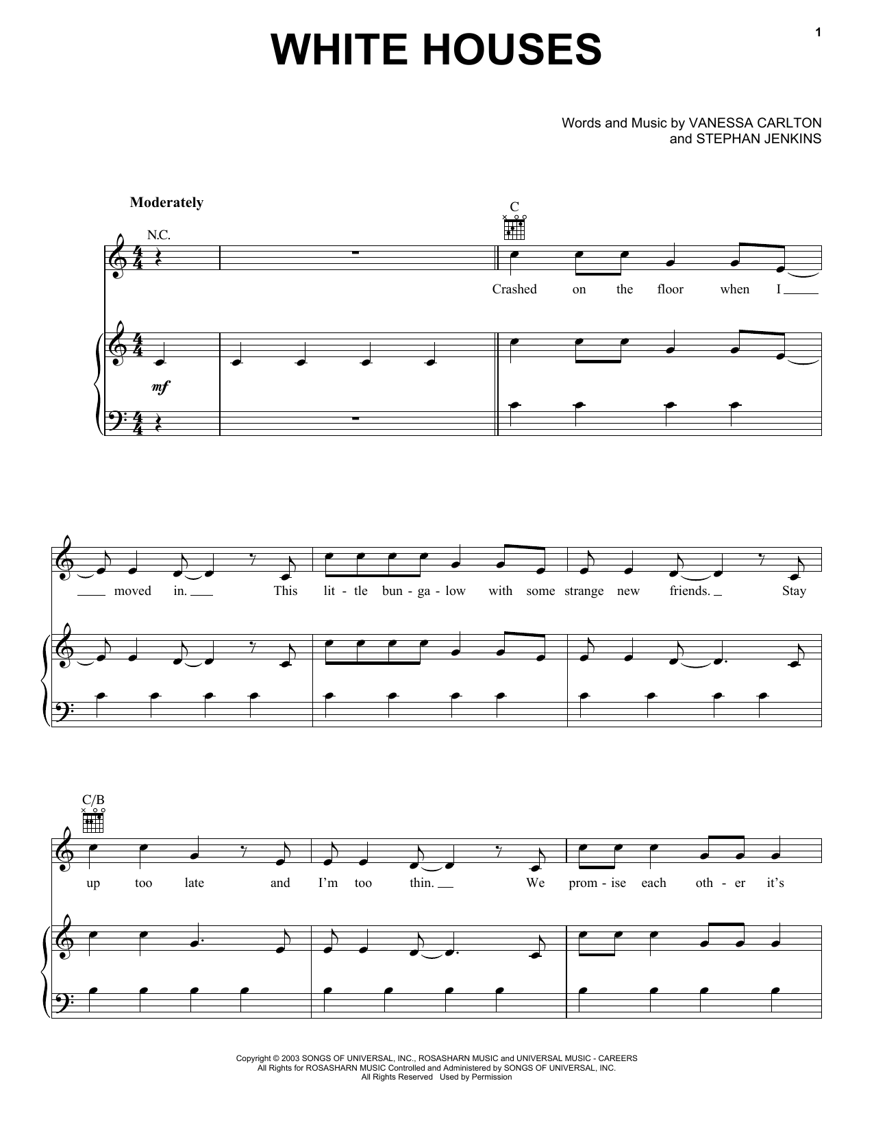 Vanessa Carlton White Houses Sheet Music