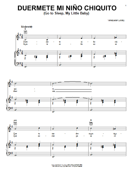 Venezuelan Lullaby Duermete Nino Chiquito (Go To Sleep My Little Baby) Sheet Music