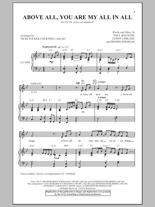Vicki Tucker Courtney Above All, You Are My All In All Sheet Music