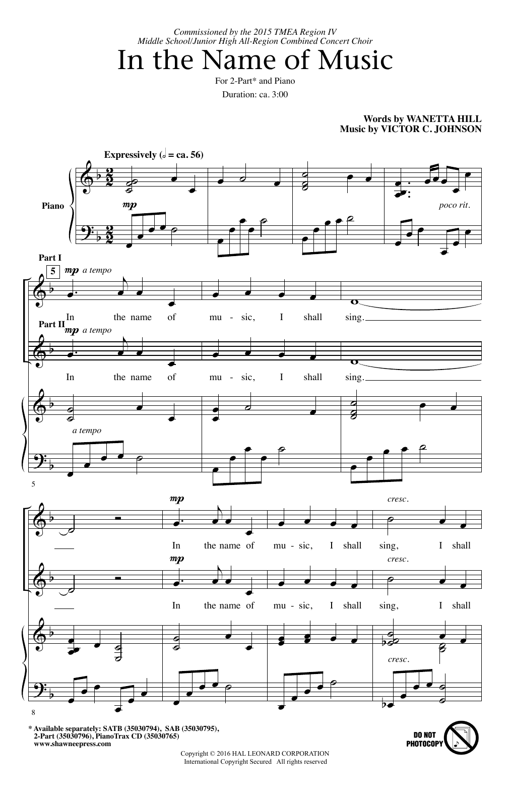 Victor C. Johnson In The Name Of Music Sheet Music