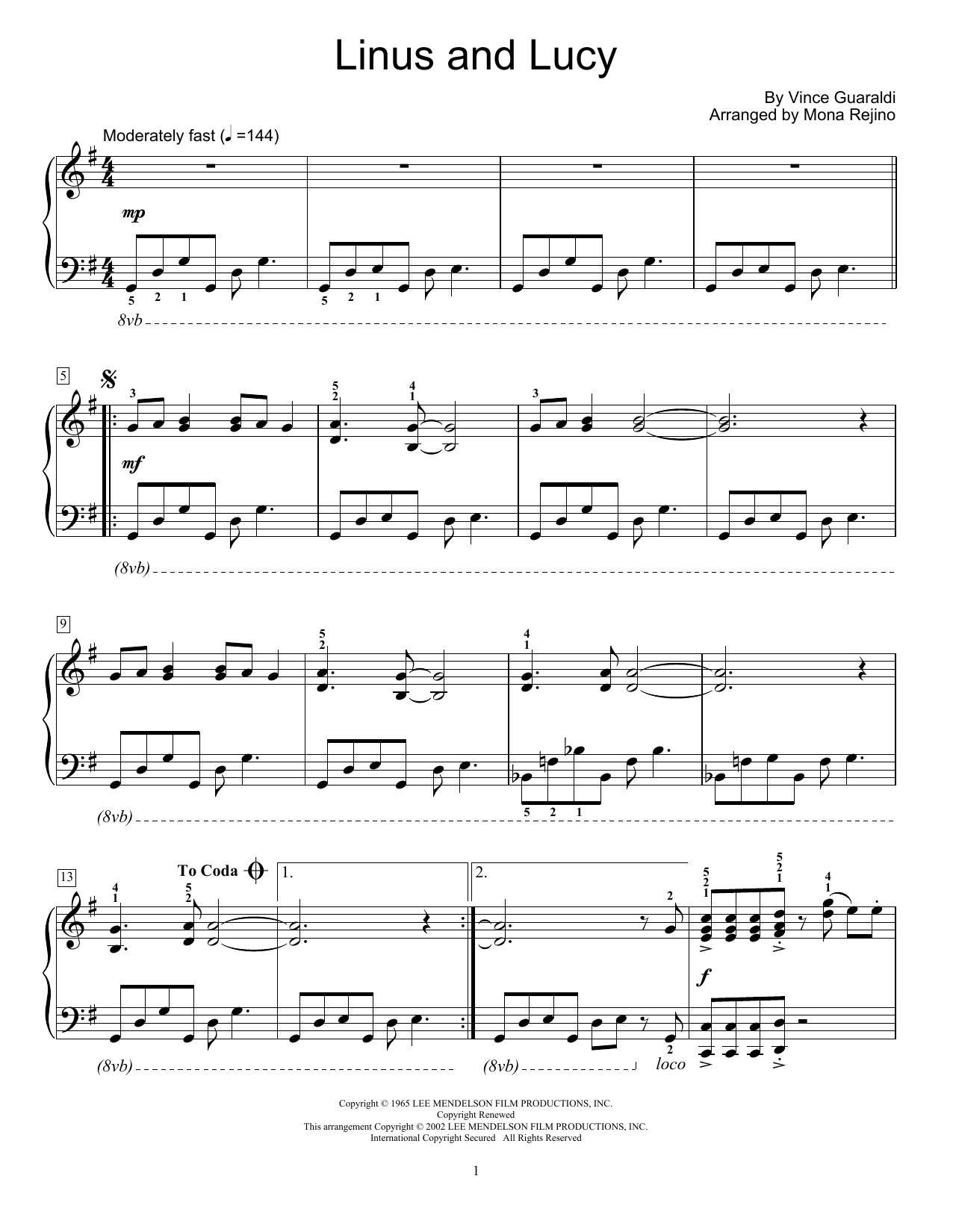 Vince Guaraldi Linus And Lucy (arr. Mona Rejino) Sheet Music