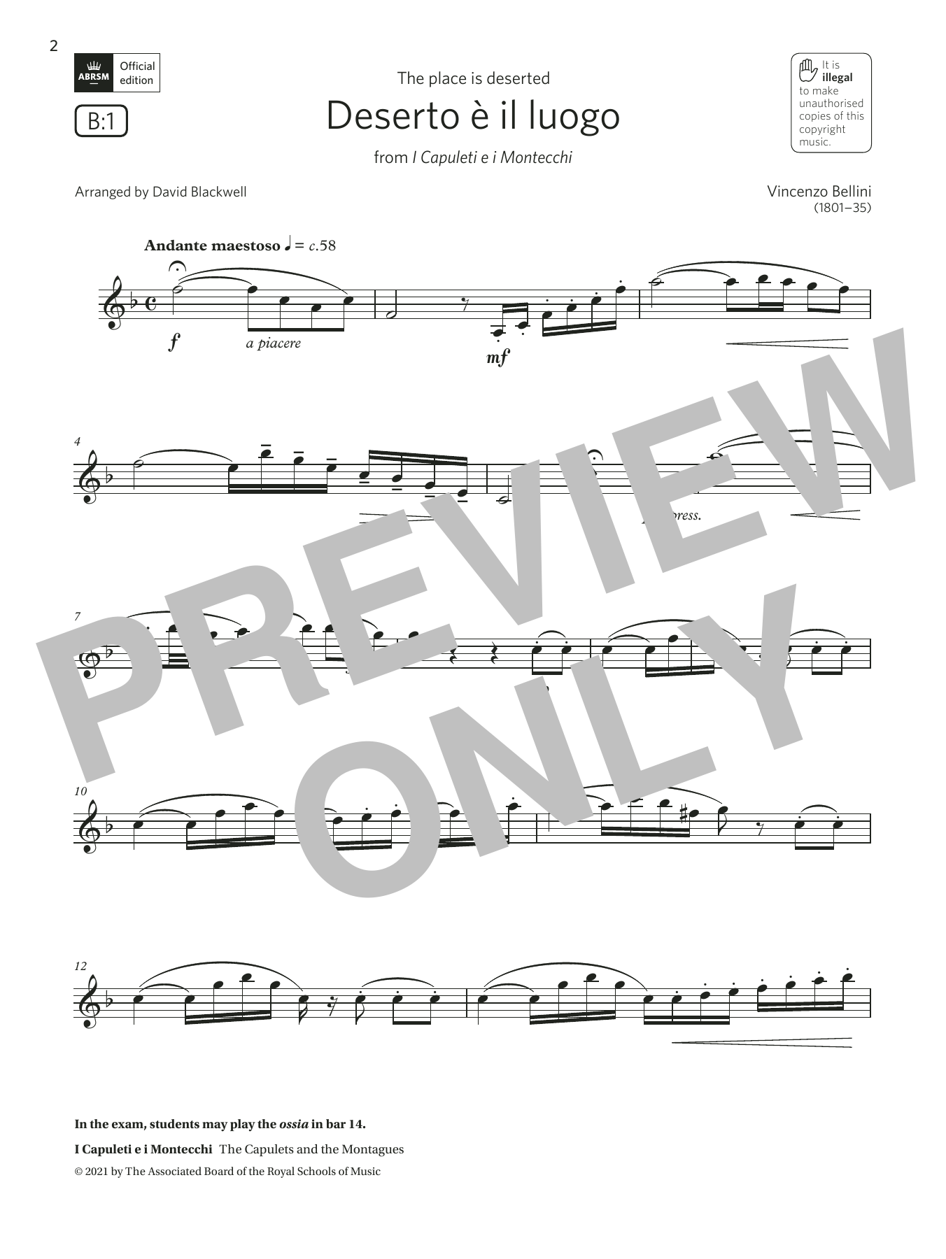 Vincenzo Bellini Deserto è il luogo (Grade 5 List B1 from the ABRSM Clarinet syllabus from 2022) Sheet Music