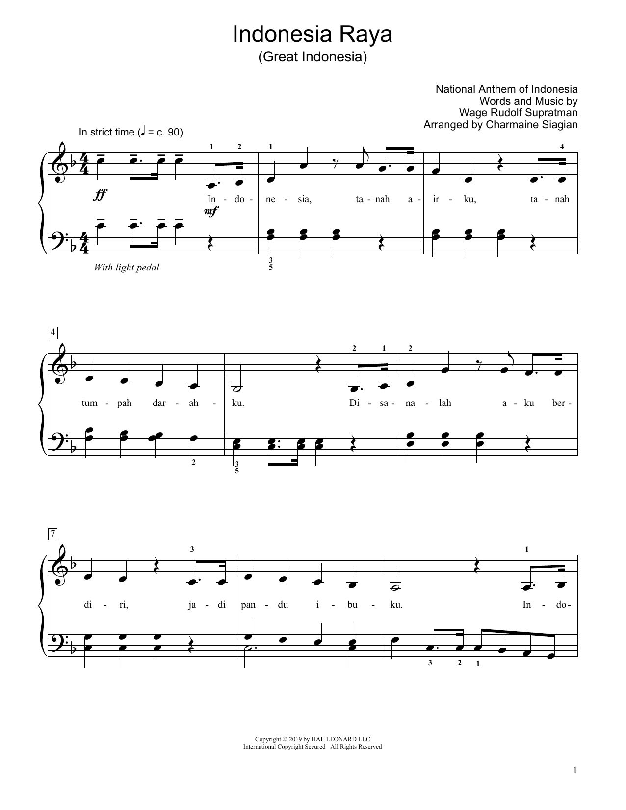 Wage Rudolf Supratman Great Indonesia (Indonesia Raya) (arr. Charmaine Siagian) Sheet Music
