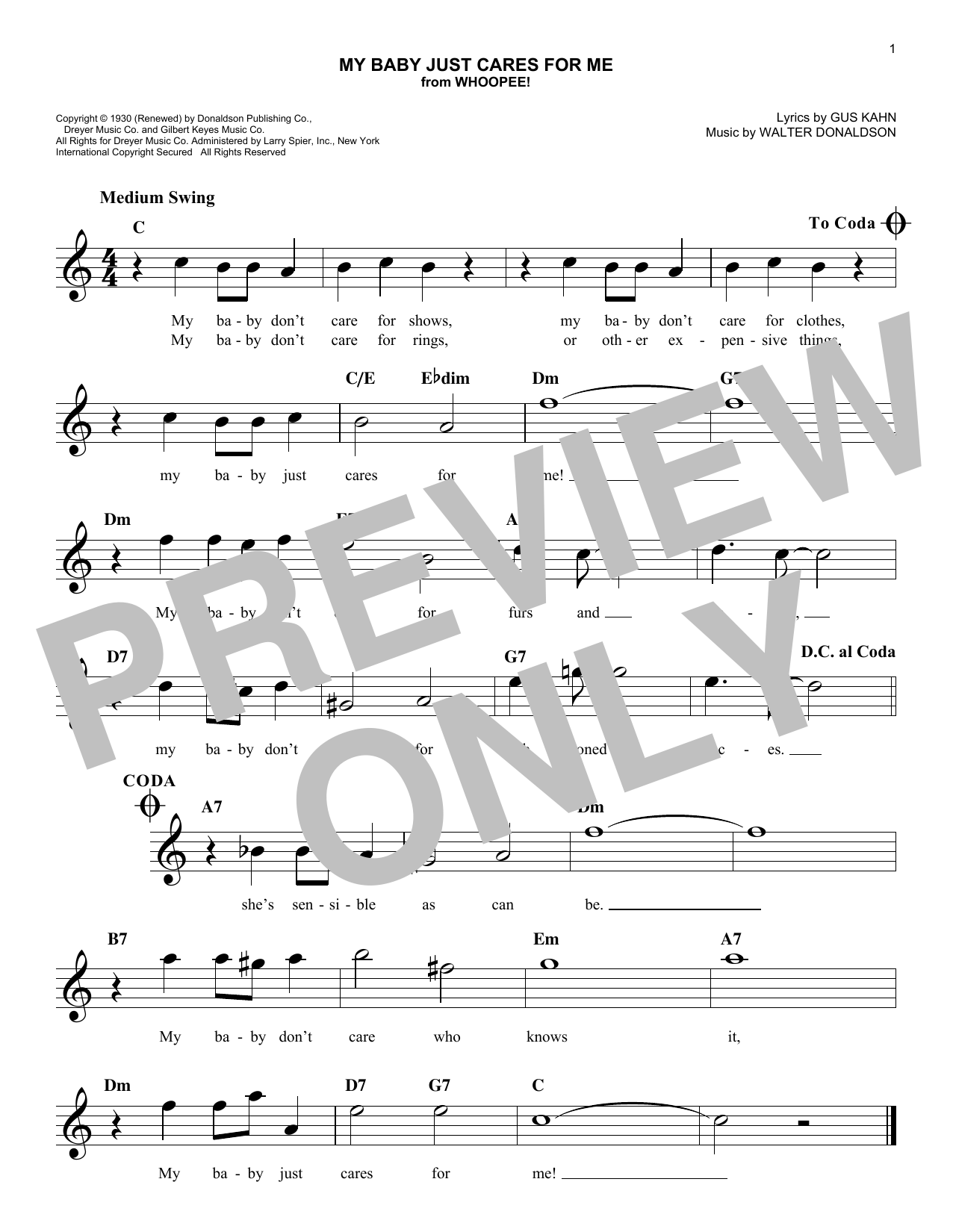 Walter Donaldson My Baby Just Cares For Me Sheet Music