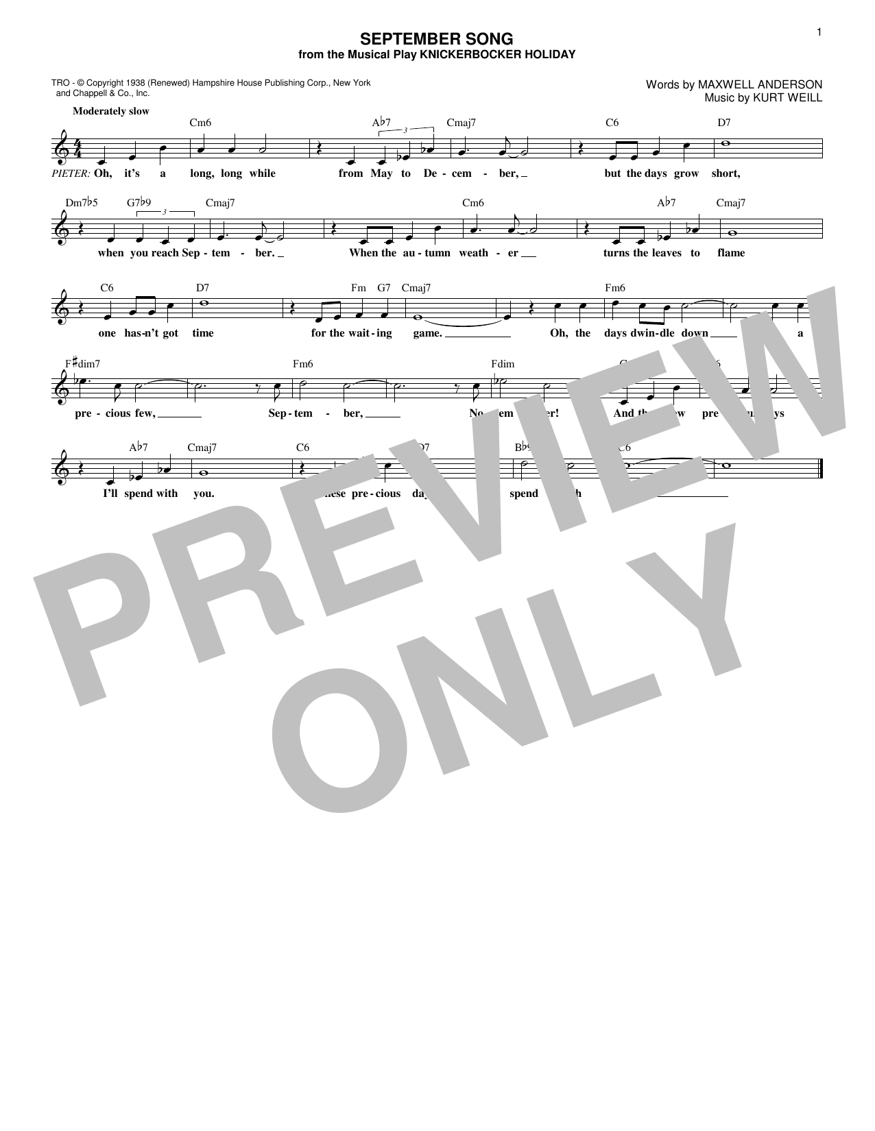 Walter Huston September Song (from Knickerbocker Holiday) Sheet Music