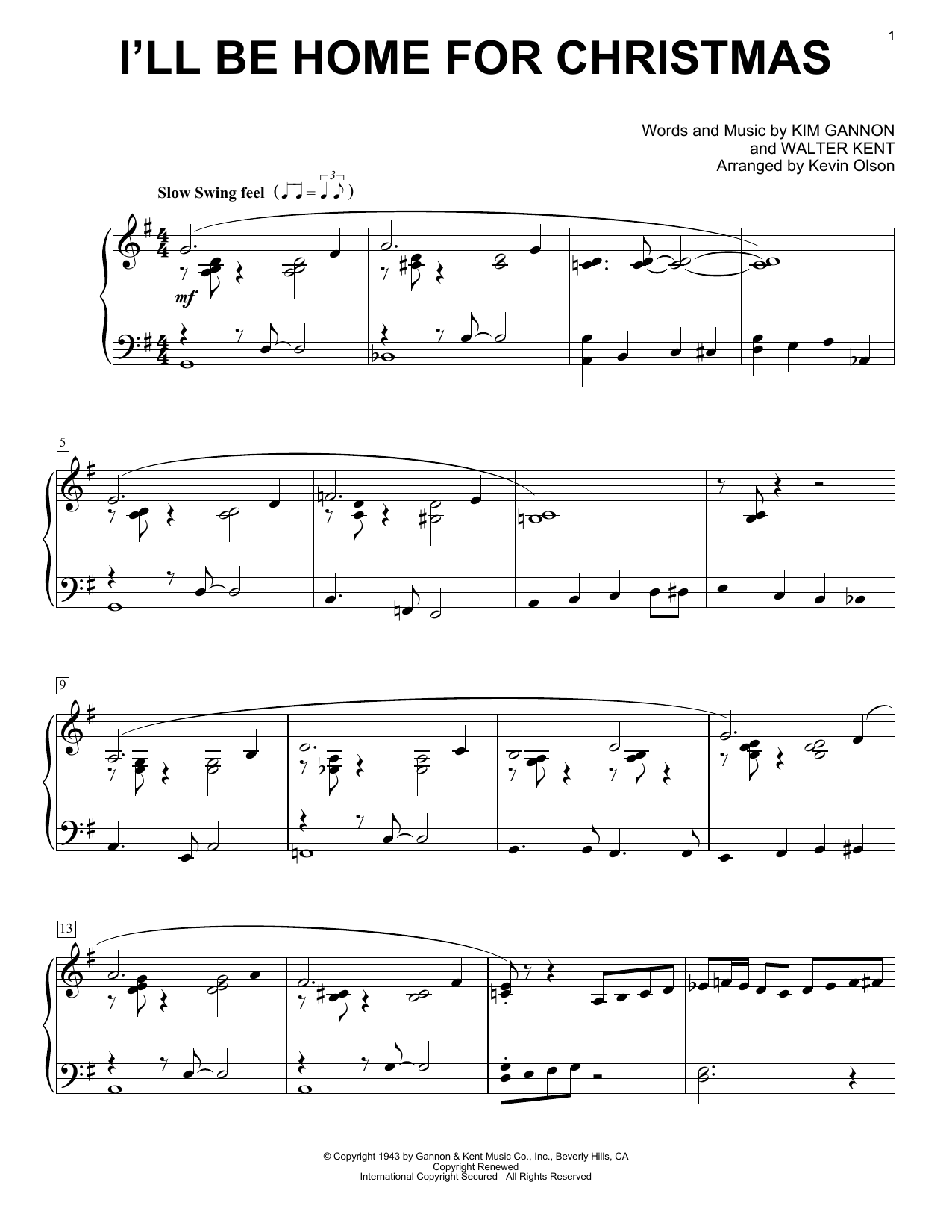 Walter Kent I'll Be Home For Christmas (arr. Kevin Olson) Sheet Music
