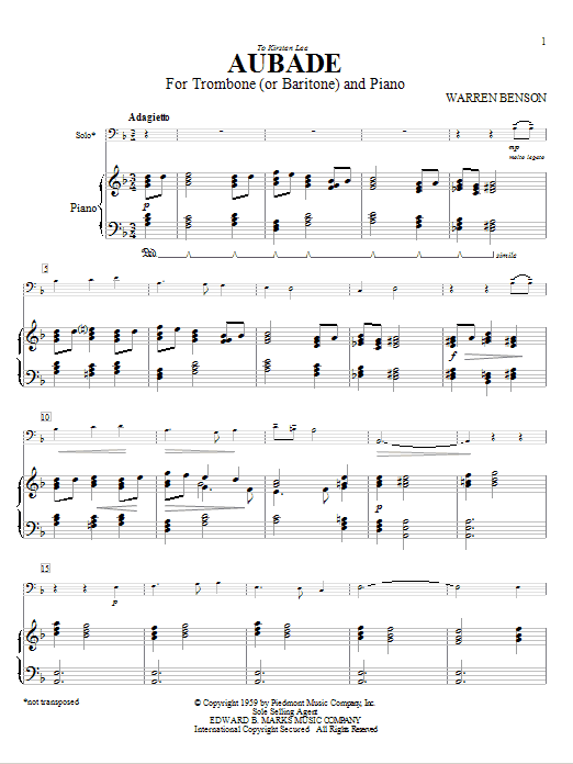 Warren Benson Aubade For Trombone (or Baritone) And Piano Sheet Music