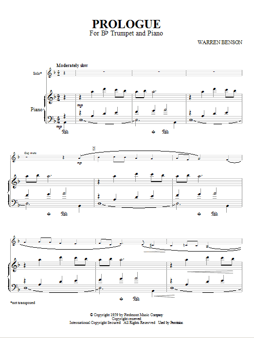 Warren Benson Prologue For Bb Trumpet And Piano Sheet Music