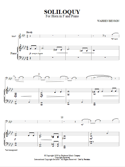 Warren Benson Soliloquy For Horn In F And Piano Sheet Music