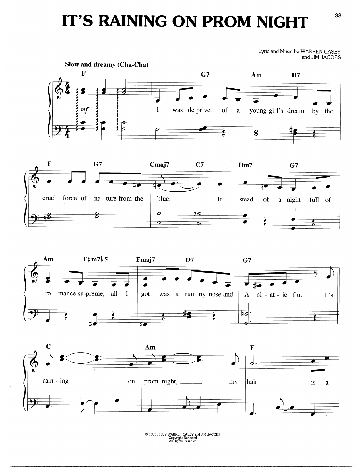Warren Casey & Jim Jacobs It's Raining On Prom Night (from Grease) Sheet Music
