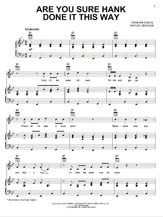 Waylon Jennings Are You Sure Hank Done It This Way Sheet Music