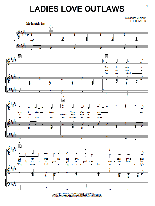 Waylon Jennings Ladies Love Outlaws Sheet Music