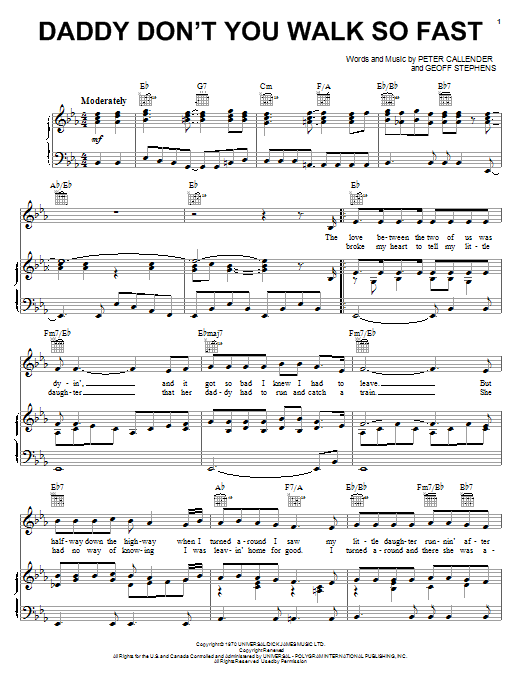 Wayne Newton Daddy Don't You Walk So Fast Sheet Music