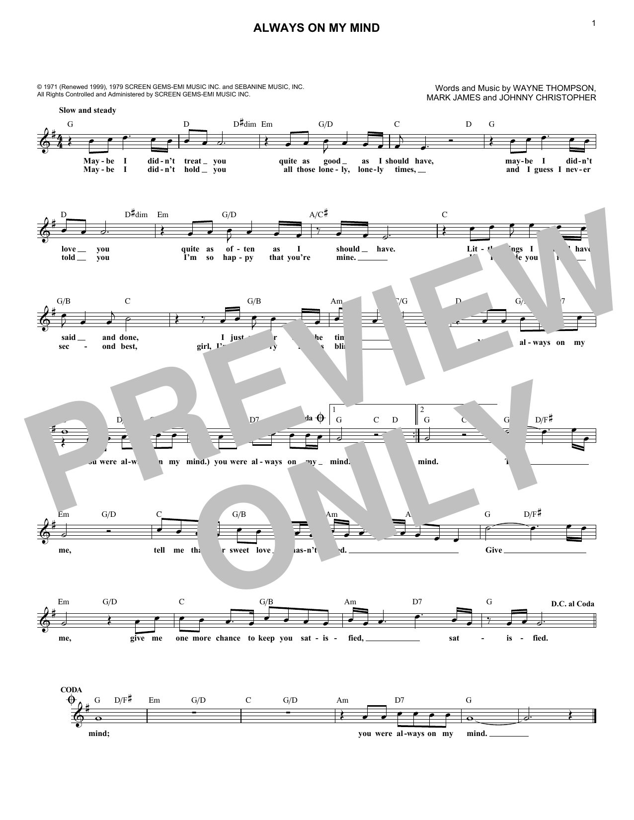 Wayne Thompson Always On My Mind Sheet Music