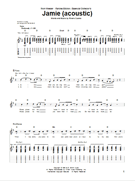 Weezer Jamie (Acoustic Version) Sheet Music