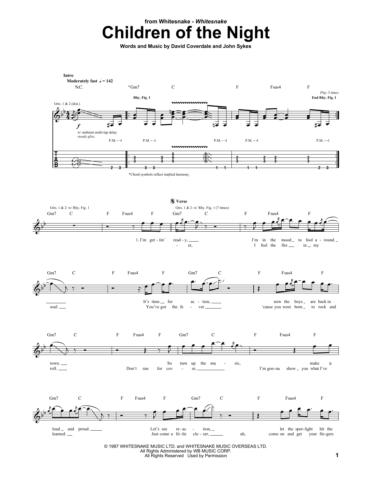 Whitesnake Children Of The Night Sheet Music